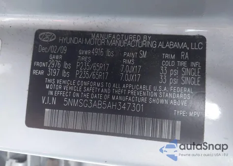 2010 Hyundai Santa Fe Gls z USA, uszkodzony, nr VIN 5NMSG3AB5AH347301